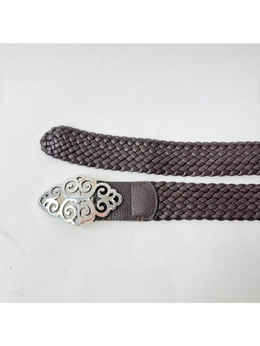 Brighton Braided Leather Belt Brown Silver Scroll Buckle Women's Size 40